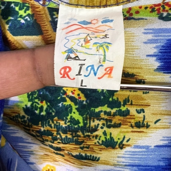 RINA HAWAIIN BUTTON DOWN SHIRT BLUE  SHORT SLEEVE PALM TREE BEACH VTG MEN LARGE - Picture 9 of 10